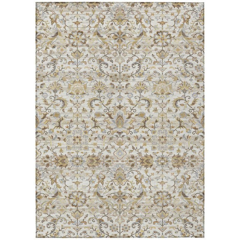 Ivory and beige area rug with dense floral damask pattern and central medallion