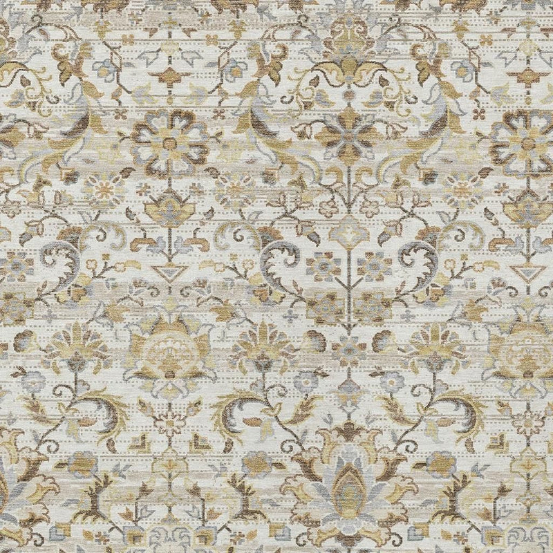 Ivory and beige area rug with repeating damask floral scrolls and medallion motifs