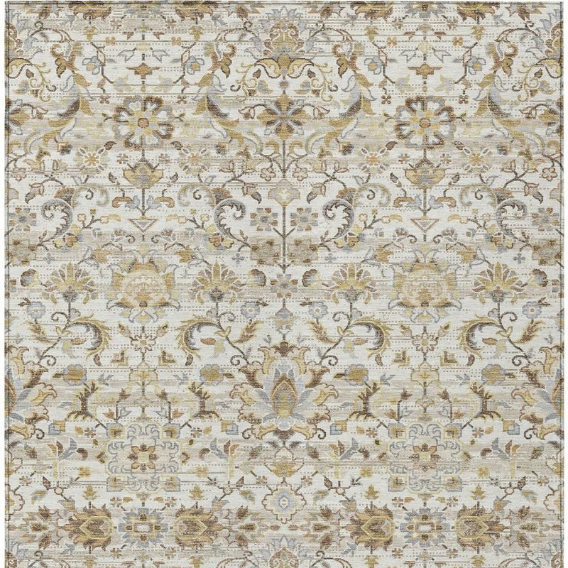 Ivory area rug with beige floral medallion, damask lattice border, washable indoor/outdoor