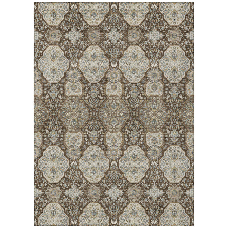 Chocolate and brown floral geometric area rug with repeating cream medallions