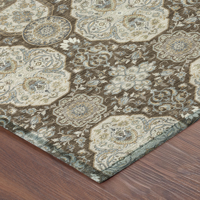 Chocolate and brown floral area rug corner with detailed octagon and scroll pattern