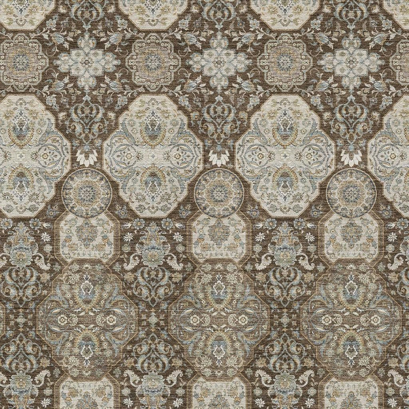 Chocolate and brown patterned area rug with rows of cream and teal medallions