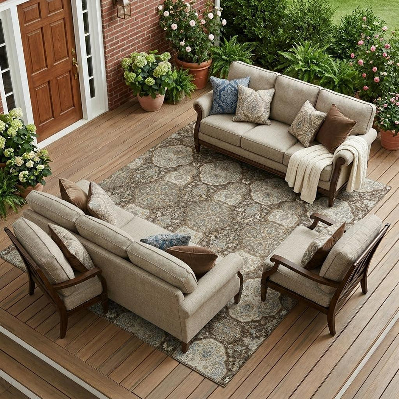 Chocolate and brown floral medallion area rug laid on wood floors