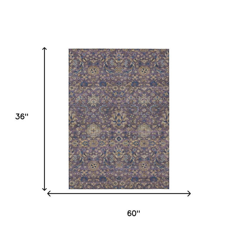 Purple and blue medallion area rug with distressed floral pattern, flatweave style.