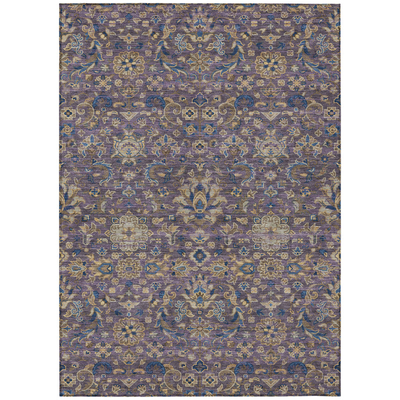 Rectangular purple and blue floral medallion area rug with distressed ornate pattern.