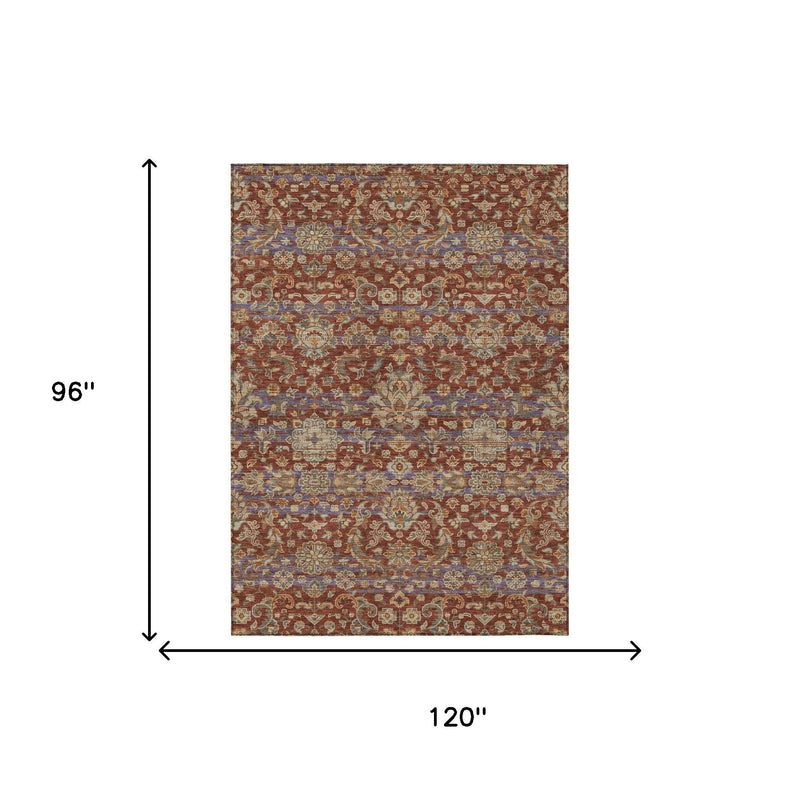 Rectangular area rug with burgundy medallion design and distressed blue accent details