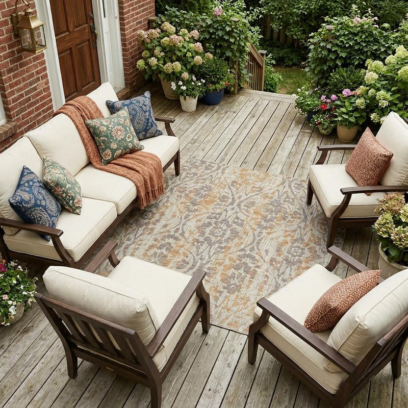 Beige damask outdoor area rug with gray and copper pattern in front seating area