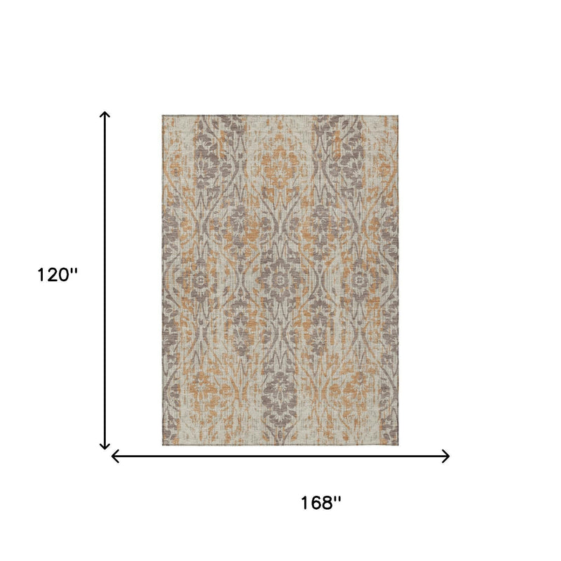 Beige damask area rug with gray and copper pattern, shown with size markings