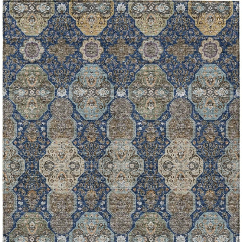 Navy and gray floral medallion rug with all-over octagon and scrollwork pattern