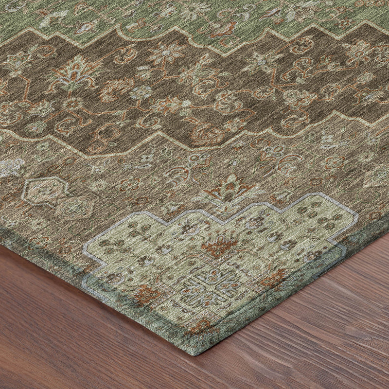 Corner of distressed area rug featuring an ornate border and olive-green center on dark brown.
