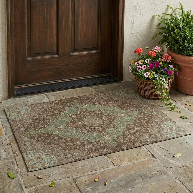 Outdoor area rug with central medallion pattern in olive green and chocolate-brown tones.