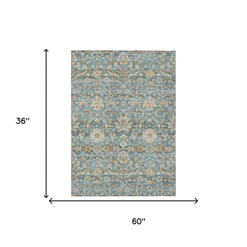 Washable indoor/outdoor area rug size 60 in x 36 in, teal blue floral medallion pattern