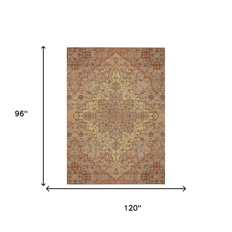 Area rug layout with copper ground and gold-and-blue medallion pattern; 120 in x 96 in.