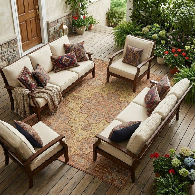 Area rug with copper-and-gold medallion pattern and blue accents placed on outdoor flooring.