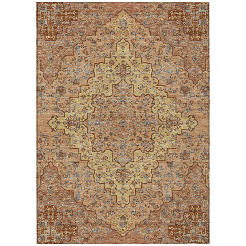 Washable area rug with copper ground and ornate central medallion pattern in gold and blue.