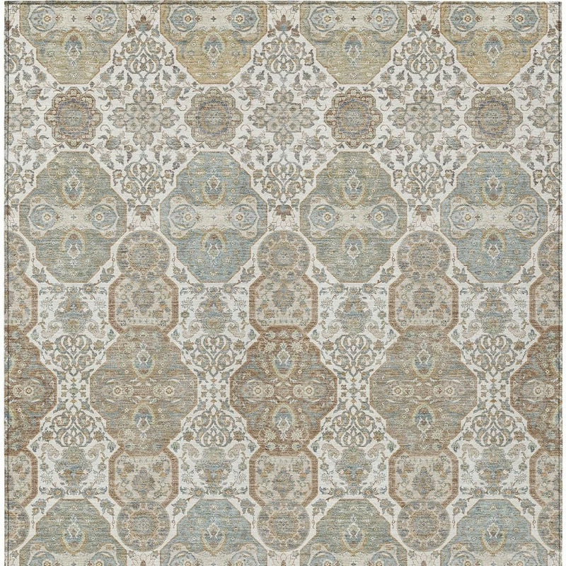 Blue-gray and ivory geometric rug with repeating octagon floral medallions