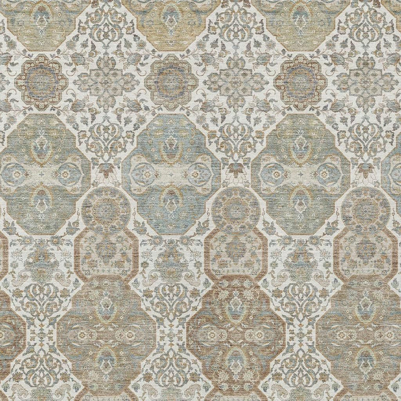 Ivory rug with repeating octagon medallion floral design in blue-gray and tan