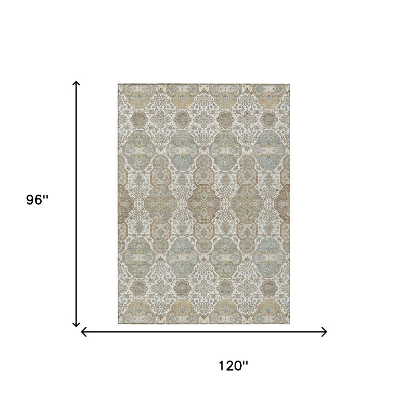 Rectangle area rug, ivory with blue-gray and tan medallion pattern; 120 in x 96 in
