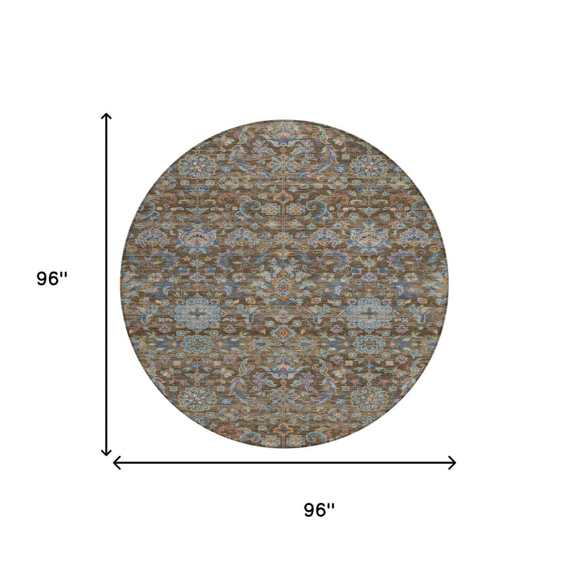 96-inch round area rug with ornate floral medallion pattern in brown and blue