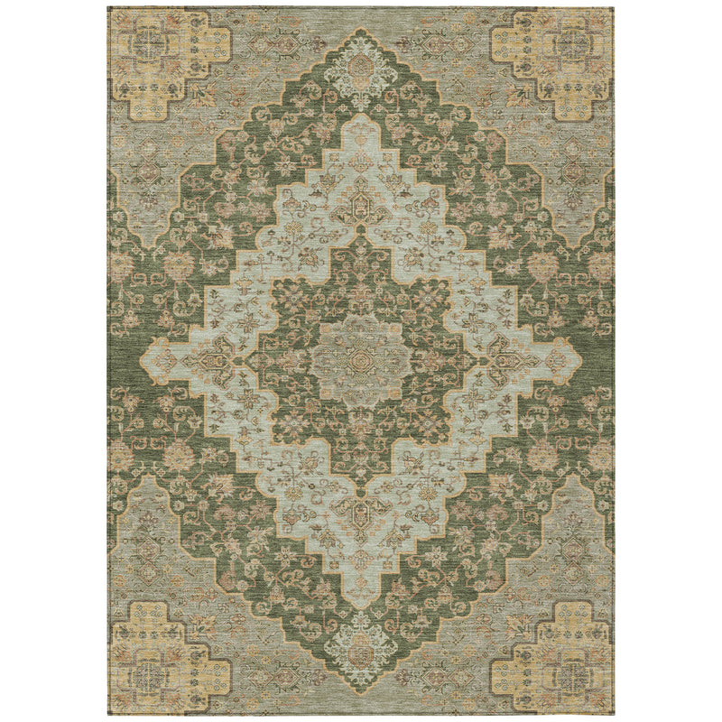 Green and cream medallion area rug with ornate border and central star