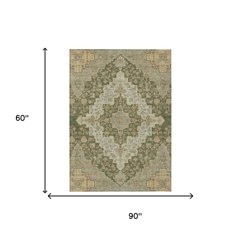 Green and cream medallion rug shown with 90 x 60 inch size arrows