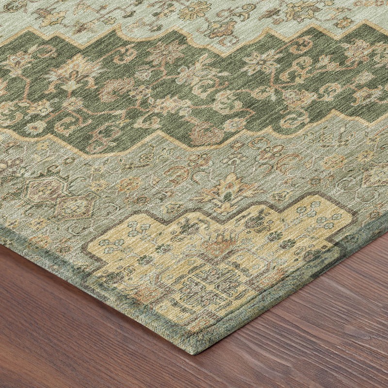 Green area rug corner with medallion-style motifs and scrolling border