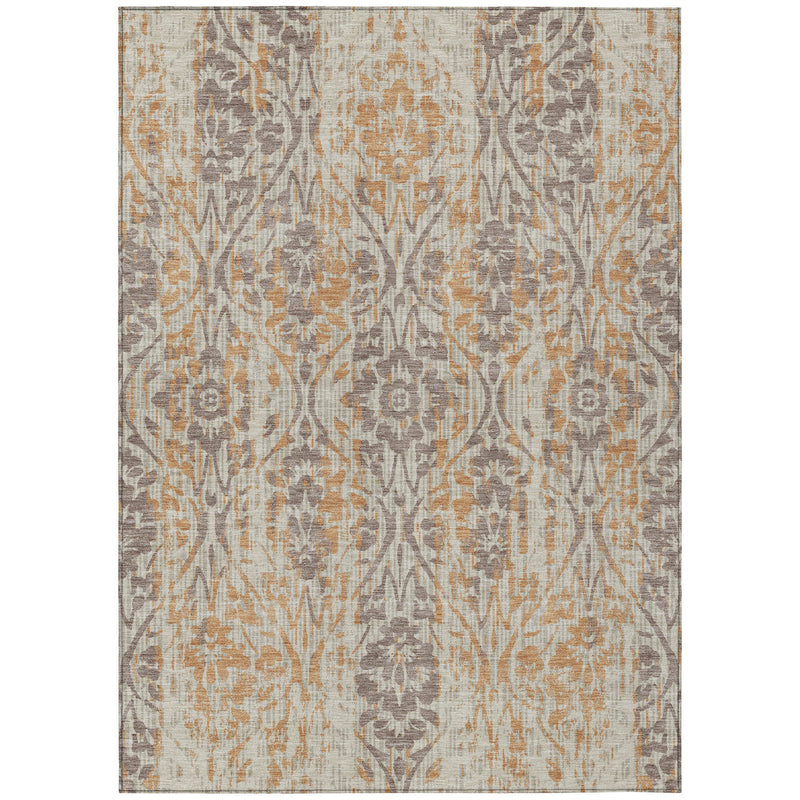Rectangular beige rug with gray and copper damask trellis pattern, washed look.