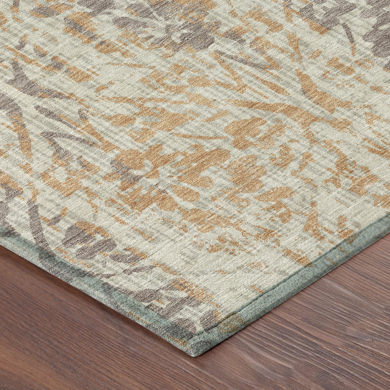 Corner view of beige rug with gray and copper damask pattern and flat woven edge.