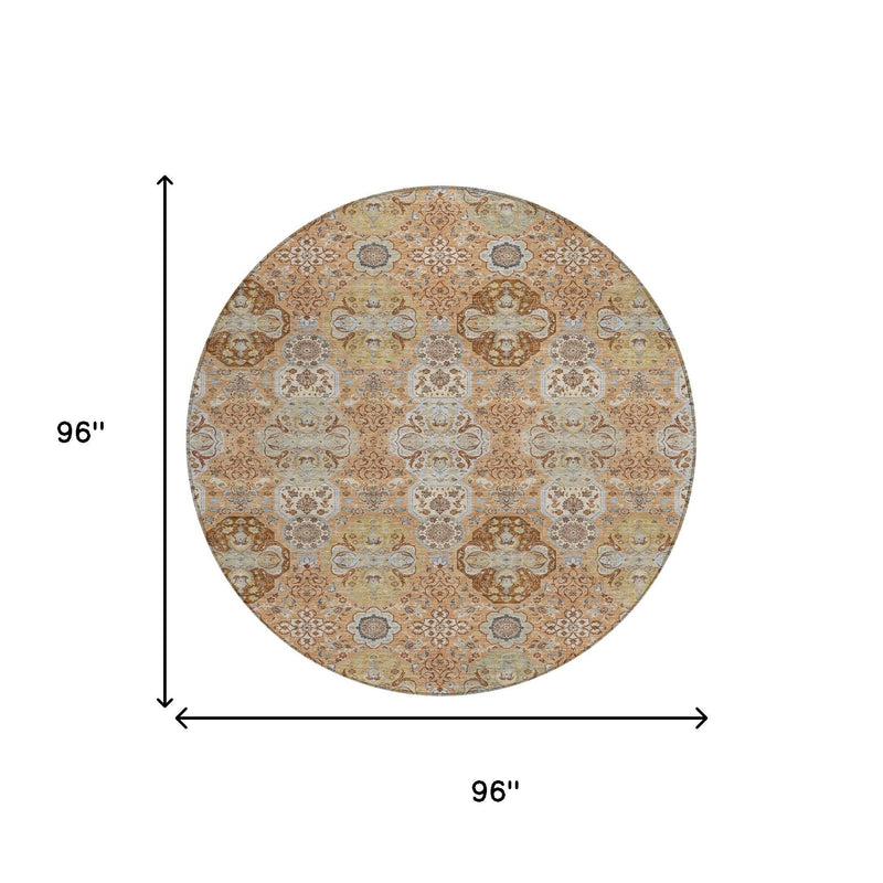 Round area rug diagram showing 96" diameter and ornate floral pattern in copper and blue.
