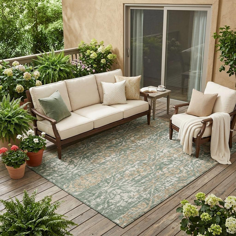 Rectangular green and sage damask indoor outdoor area rug on a patio deck with furniture.