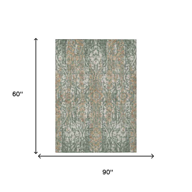 Green and sage damask area rug size diagram showing 90 in by 60 in dimensions.