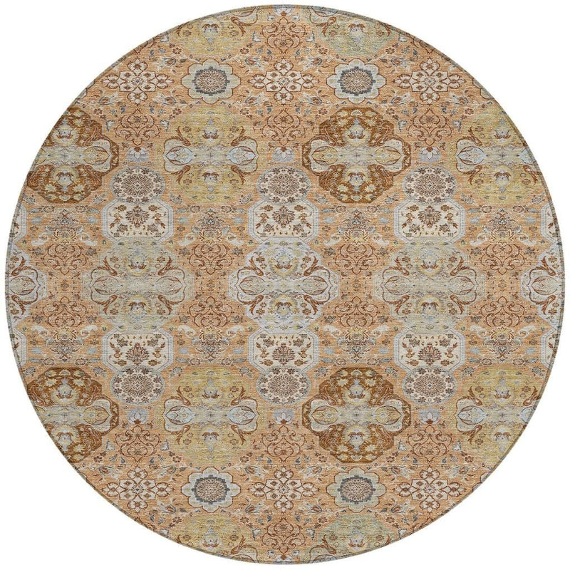 Round area rug featuring a dense vintage floral motif in copper, tan, and light blue.