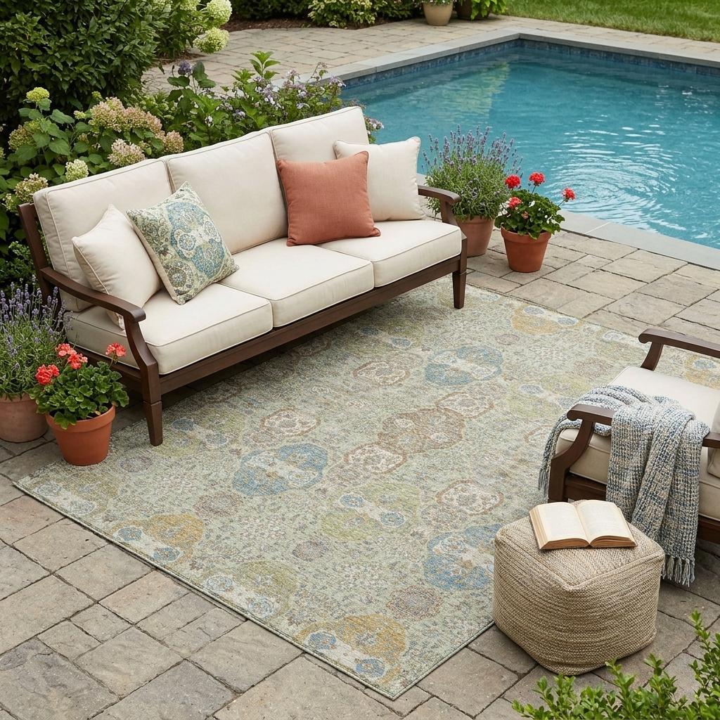 5' X 8' Sage And Green Floral Washable Indoor Outdoor Area Rug - Sports & Outdoor