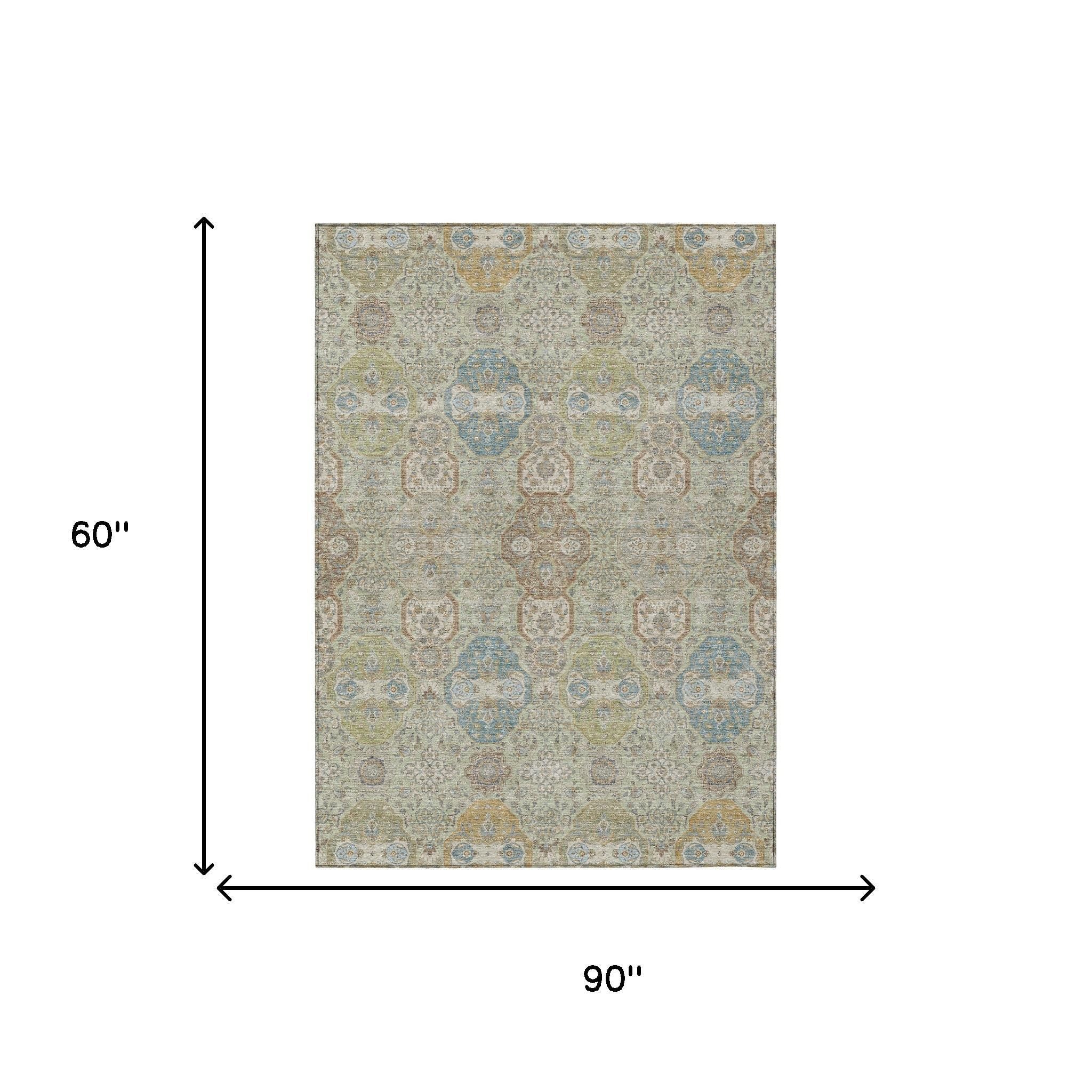 5' X 8' Sage And Green Floral Washable Indoor Outdoor Area Rug - Sports & Outdoor