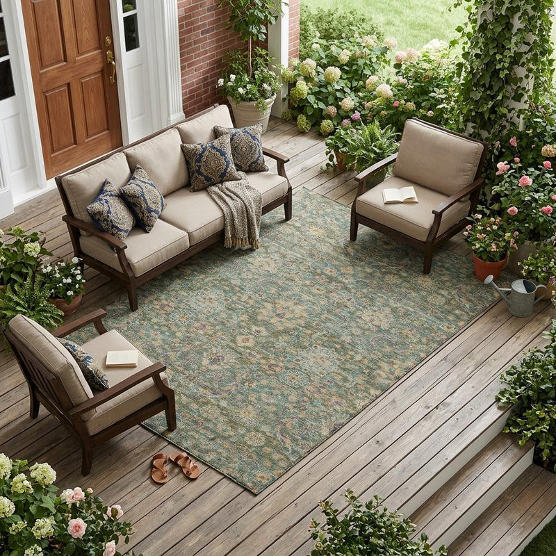 Indoor outdoor area rug with green and sage medallion floral pattern and visible border.