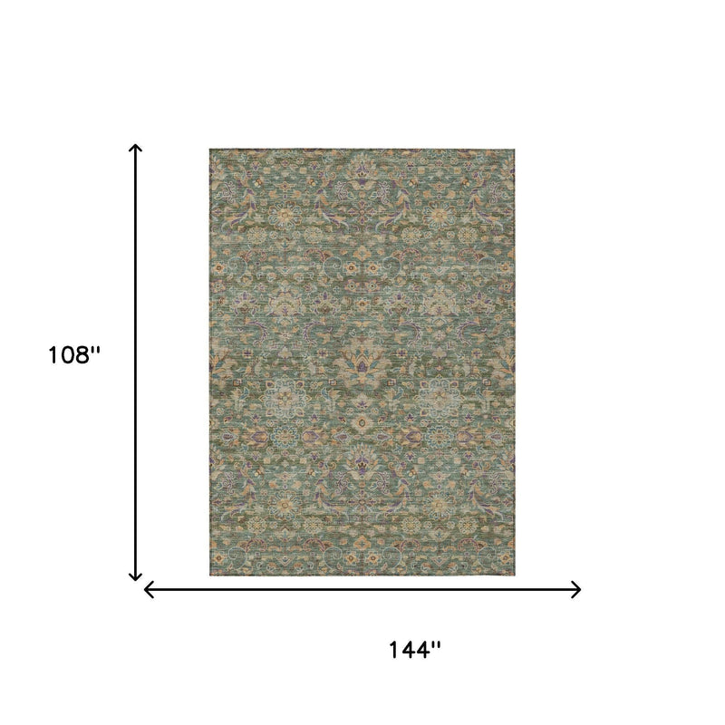 Indoor outdoor area rug size diagram, 108 in by 144 in, green sage medallion floral pattern.