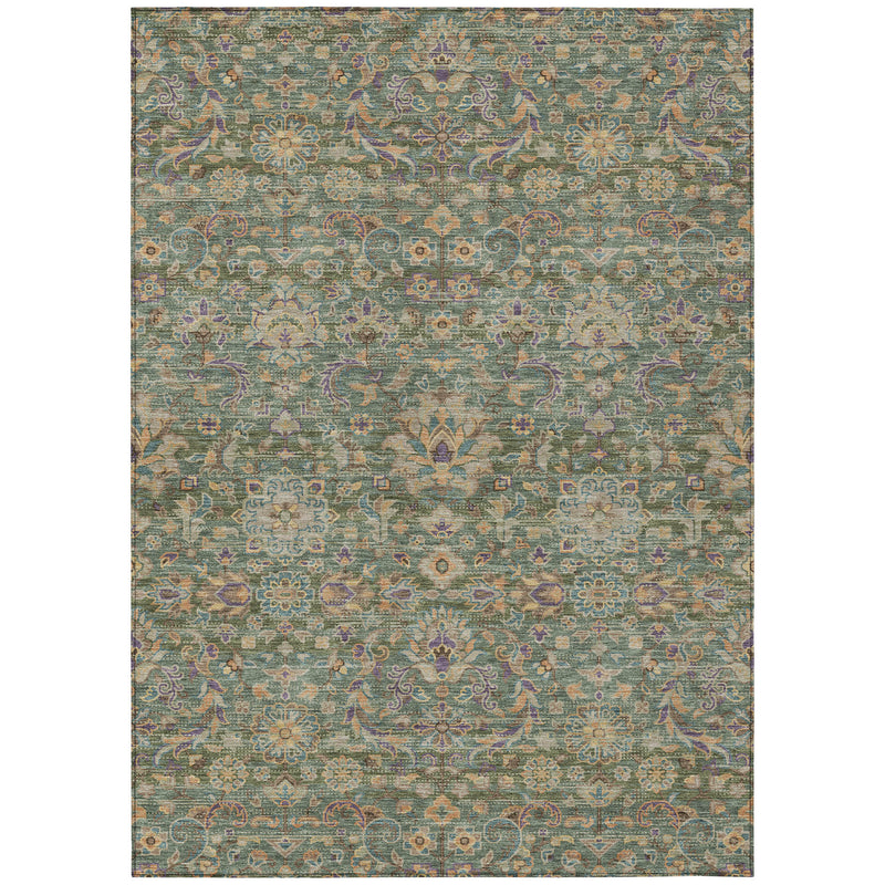 Indoor outdoor area rug, green and sage medallion floral pattern with multi-color accents.
