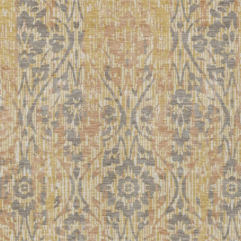 Gold and gray damask area rug texture with ornate vine and medallion motifs