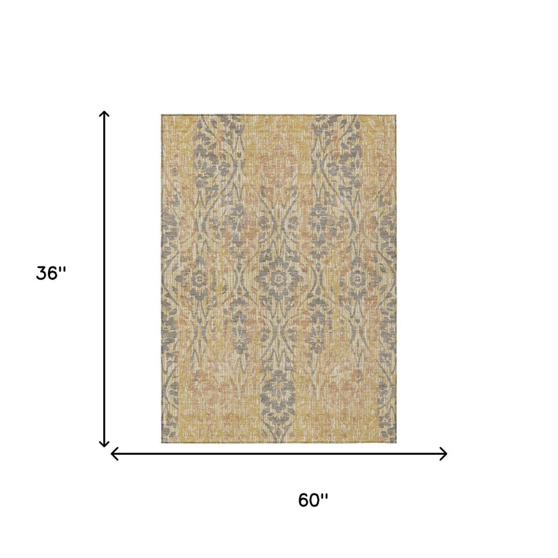 Gold and gray damask area rug, rectangular size 60 in by 36 in