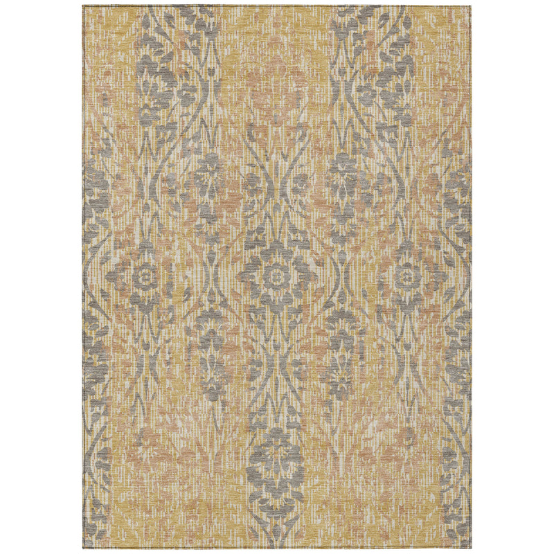 Rectangular gold and gray damask area rug with ornate pattern on tan ground