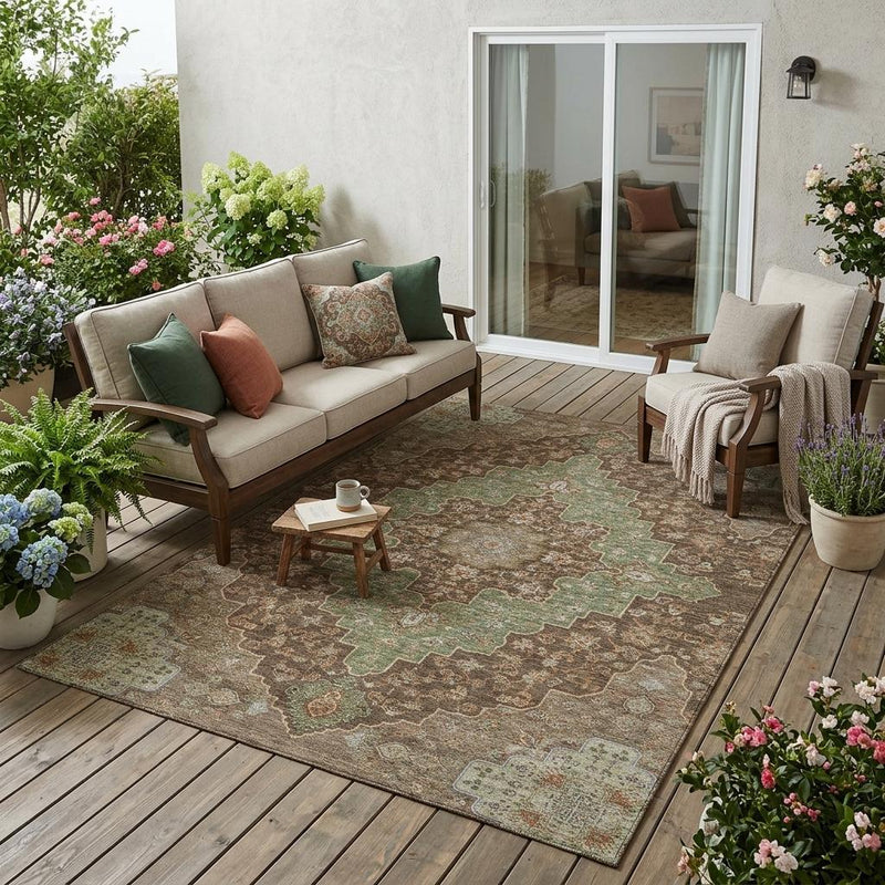 Medallion area rug in olive green and chocolate-brown on outdoor wooden deck