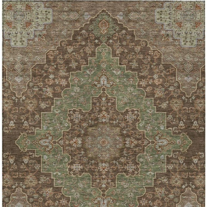 Medallion area rug with central olive green medallion on chocolate-brown ground