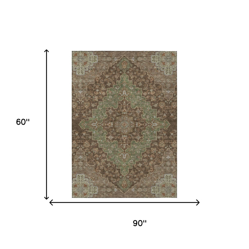 Chocolate and olive medallion area rug, 90 x 60 in