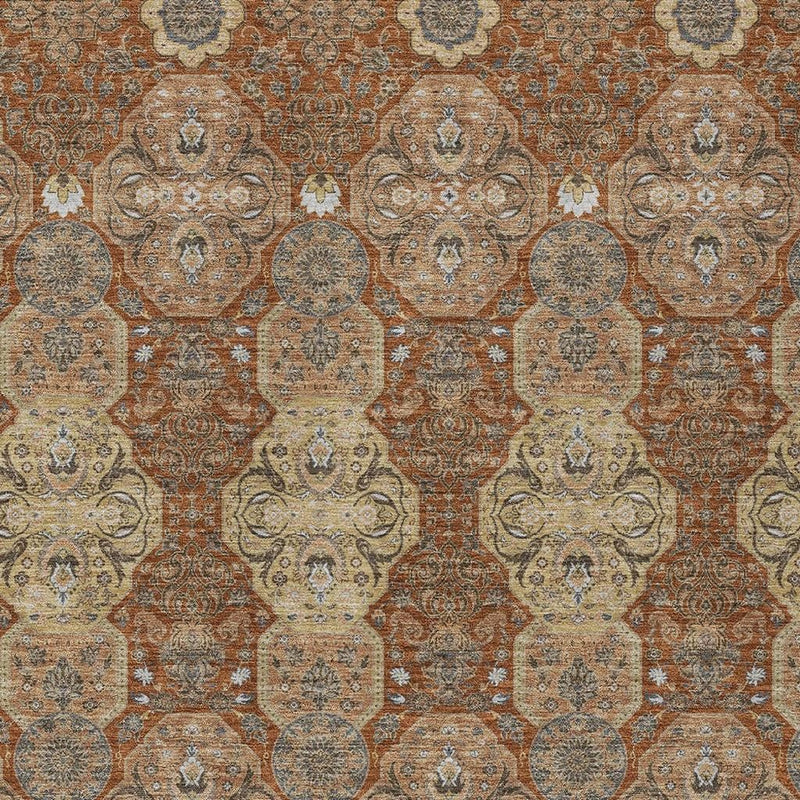 Orange and copper floral patterned area rug with ornate medallions, detailed texture