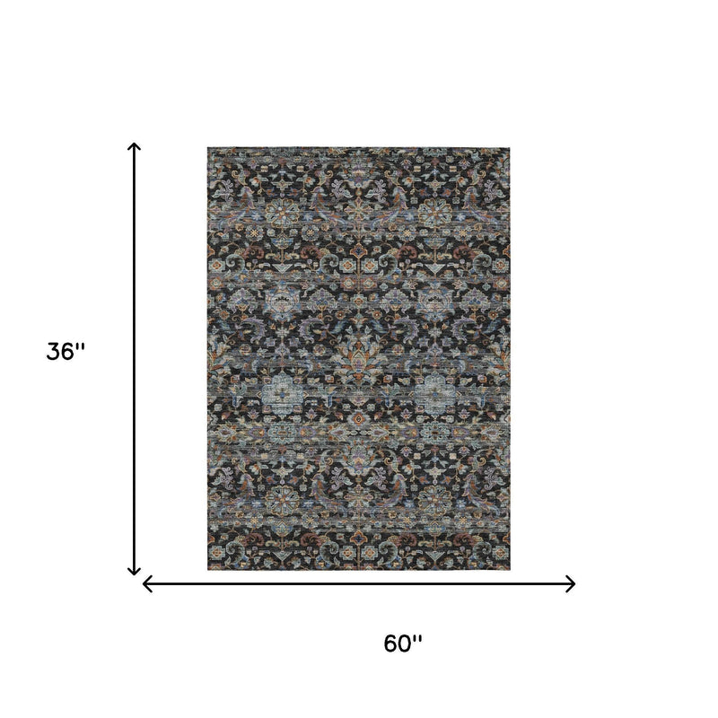 60 in x 36 in charcoal area rug with multicolor medallion pattern on dark ground