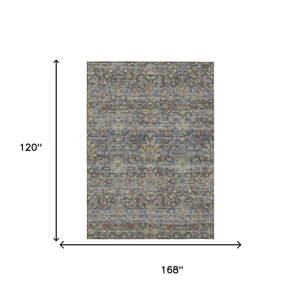 Gray and silver floral medallion area rug size diagram: 168 in by 120 in.