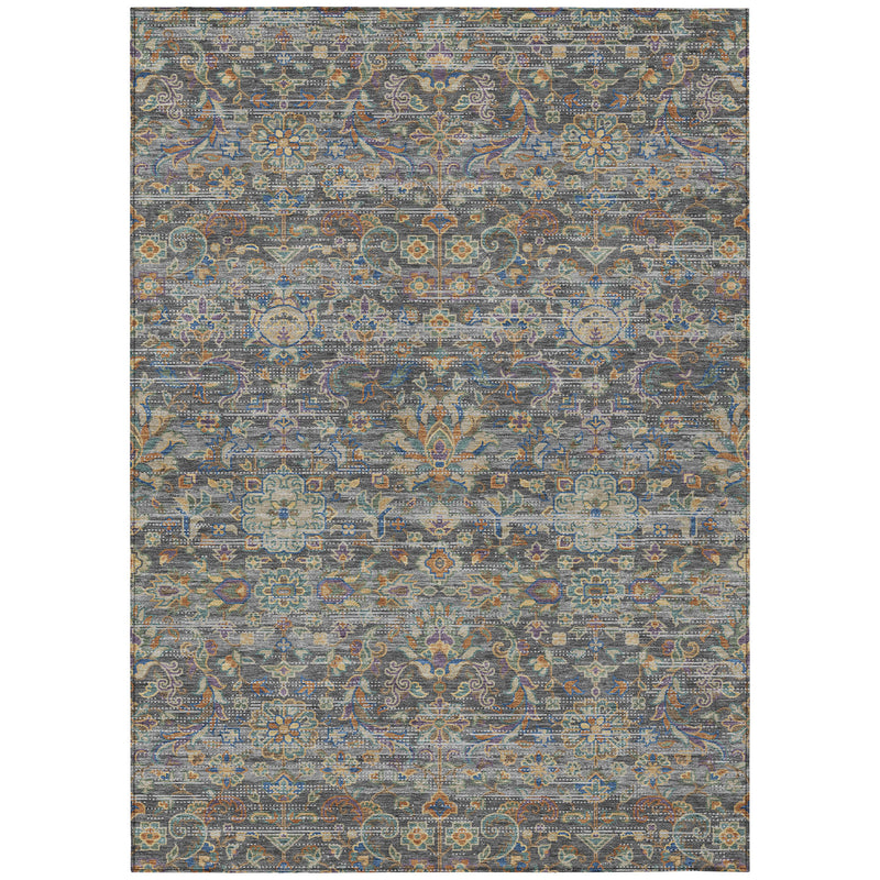 Gray and silver floral medallion area rug, full view with multicolor ornamental design.