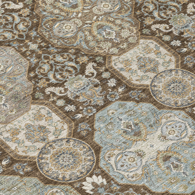 Blue-gray and brown geometric area rug with ornate octagon medallions and floral motifs