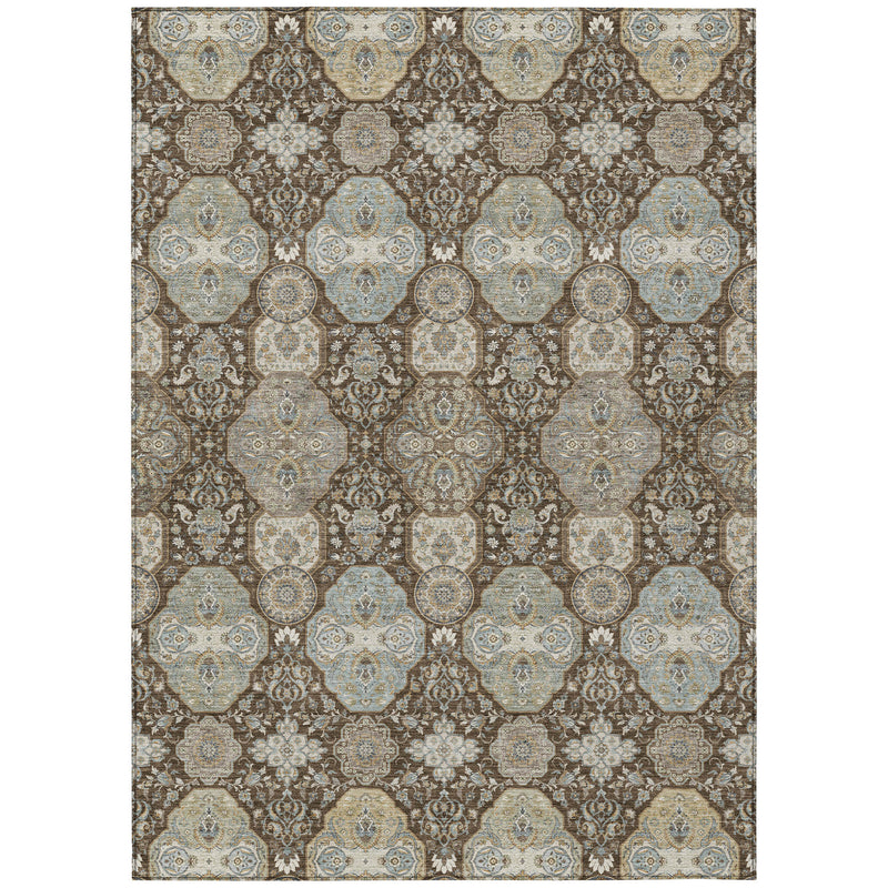 Brown and blue-gray geometric area rug with repeating octagon medallion floral pattern