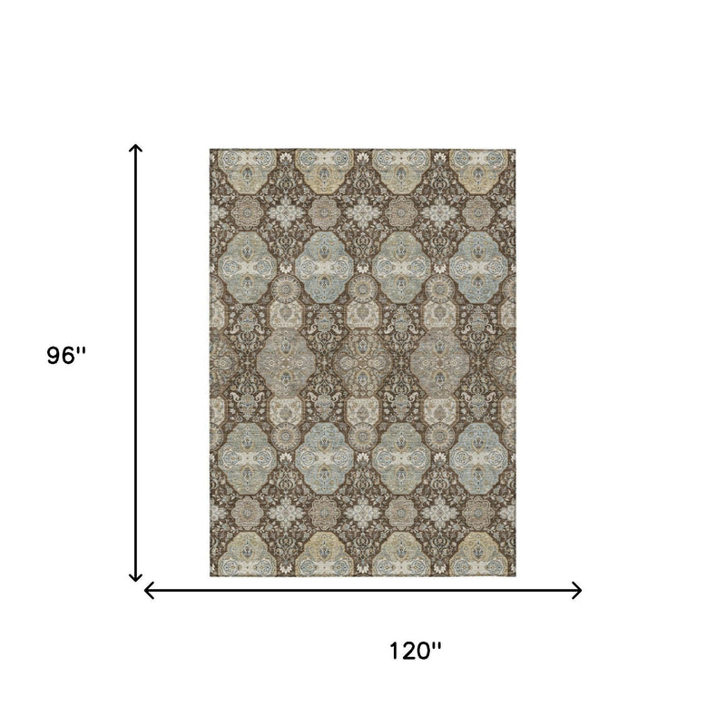 Brown and blue-gray geometric area rug with octagon medallion pattern, 8x10 ft